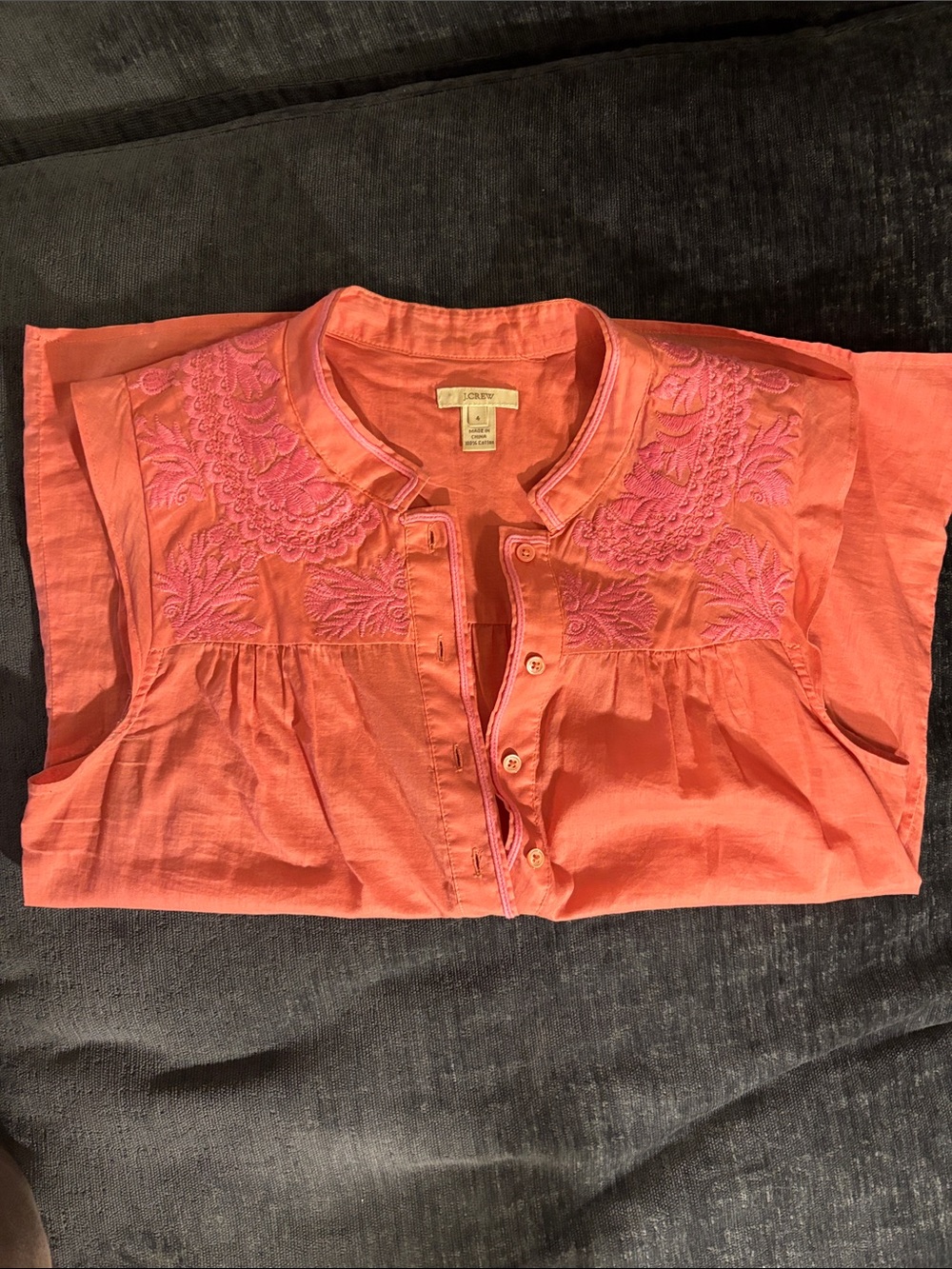 J. Crew Coral Pink Embroidered Cotton Popover